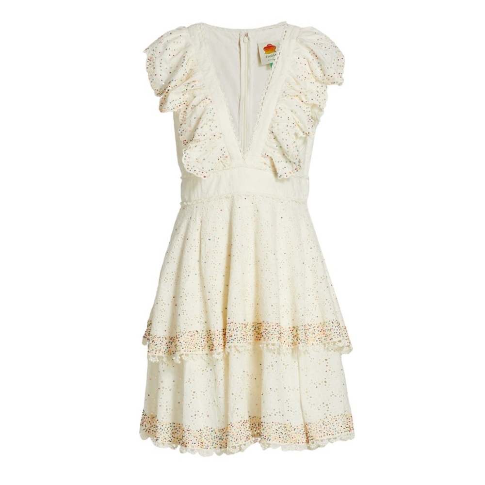 Farm Rio Eyelet Patch Beaded Mini Dress - Cream Eyelet Ruffle Multicolor Beads